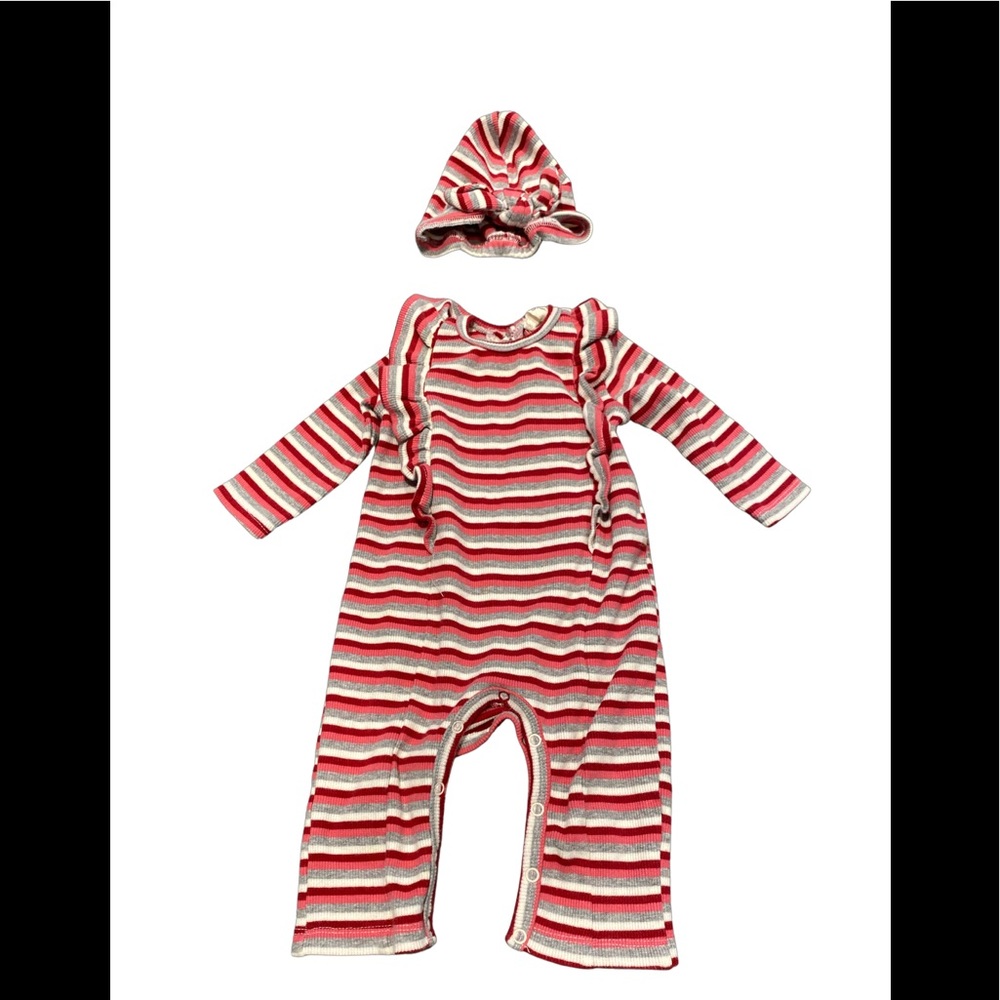 EUC - Jessica Simpson striped romper with hat 3-6m